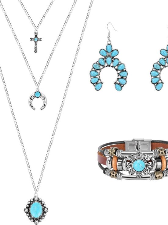 Jewelry - 3 Pieces Turquoise Jewelry Set, Western Necklaces, Earrings and Bracelet For wom